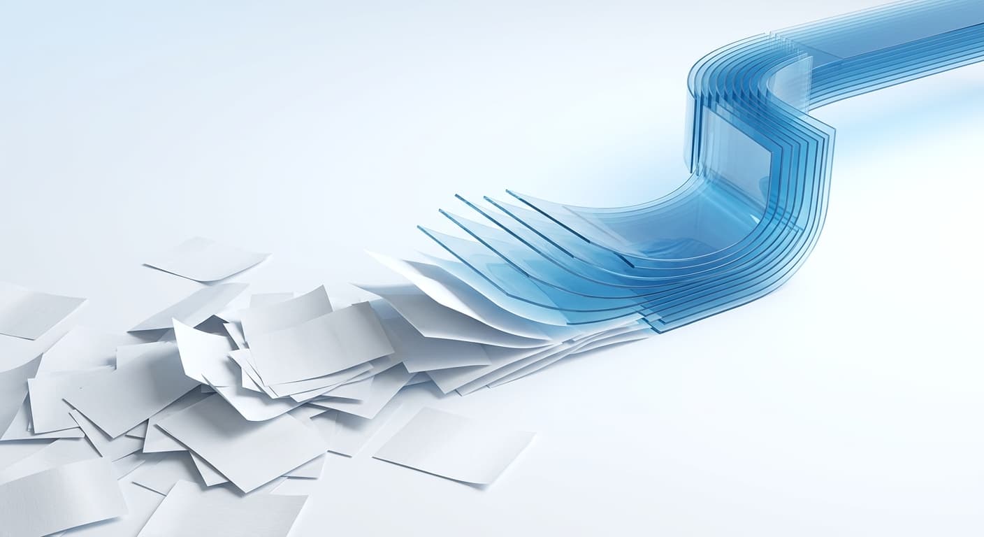 Abstract illustration of scattered paper documents aligning into one structured blue digital flow