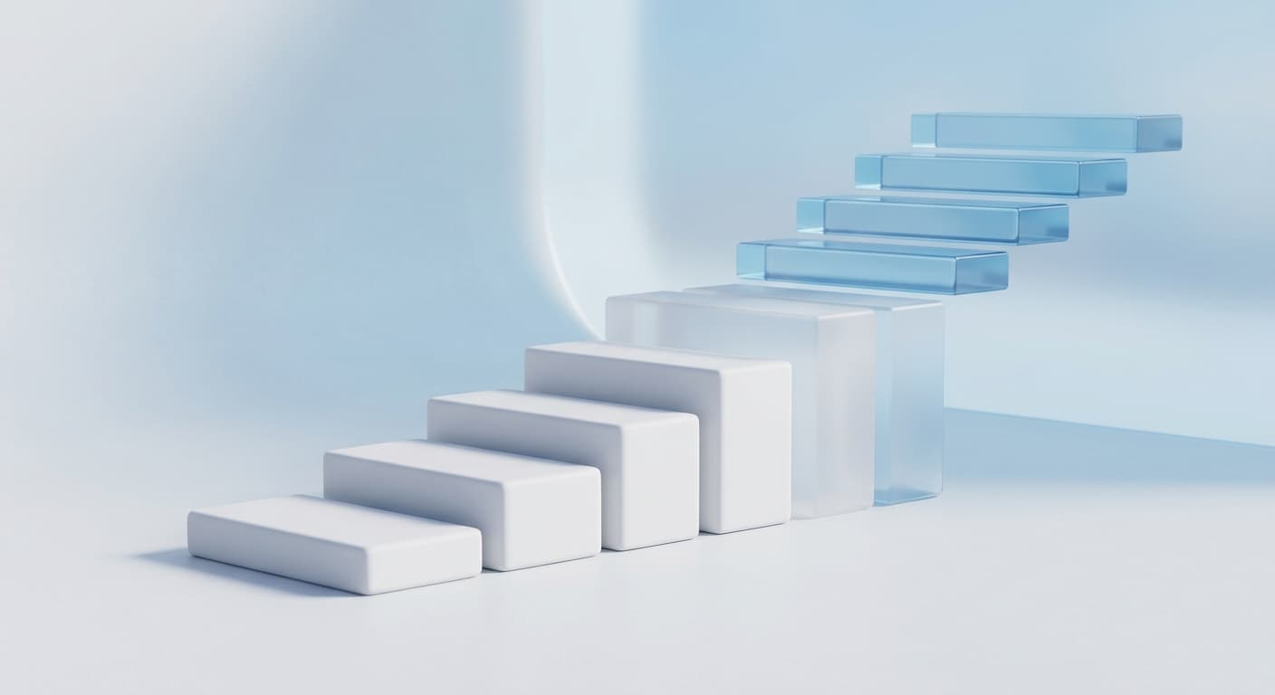 Abstract illustration of soft white steps gradually ascending into calm blue glass, symbolizing gradual transition