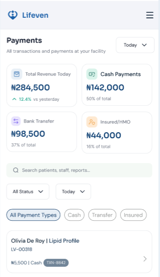 LifevenOS payments screen showing revenue today, cash, bank transfer and HMO payments