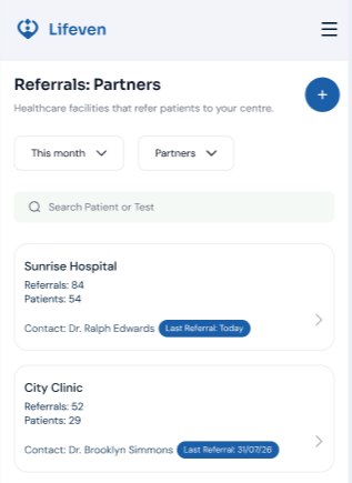 LifevenOS referral partners screen listing referring hospitals, referral counts and contacts